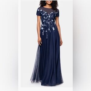 Betsy & Adam Navy Blue Embroidered Sequin Floral Bodice Mesh Gown  $319